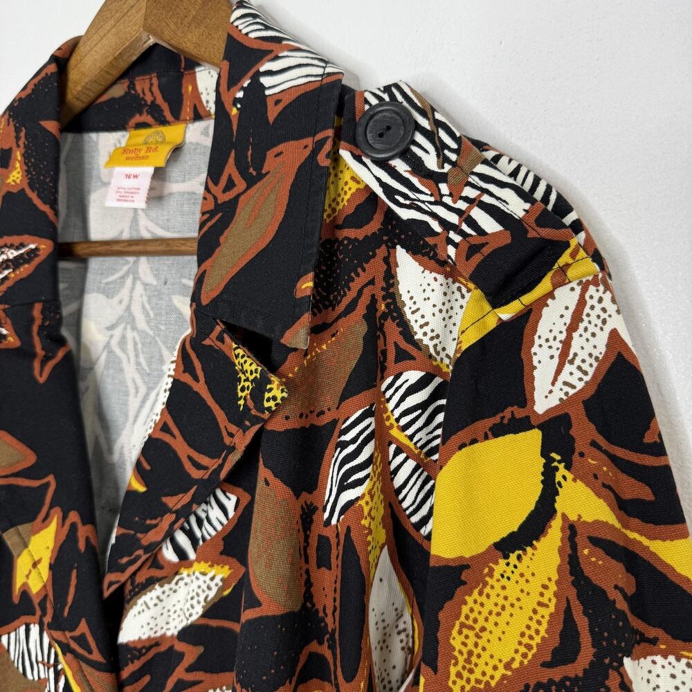 Ruby Rd Jacket Womens 16W Black Brown Yellow Leaf Autumn Button Front Coat Art